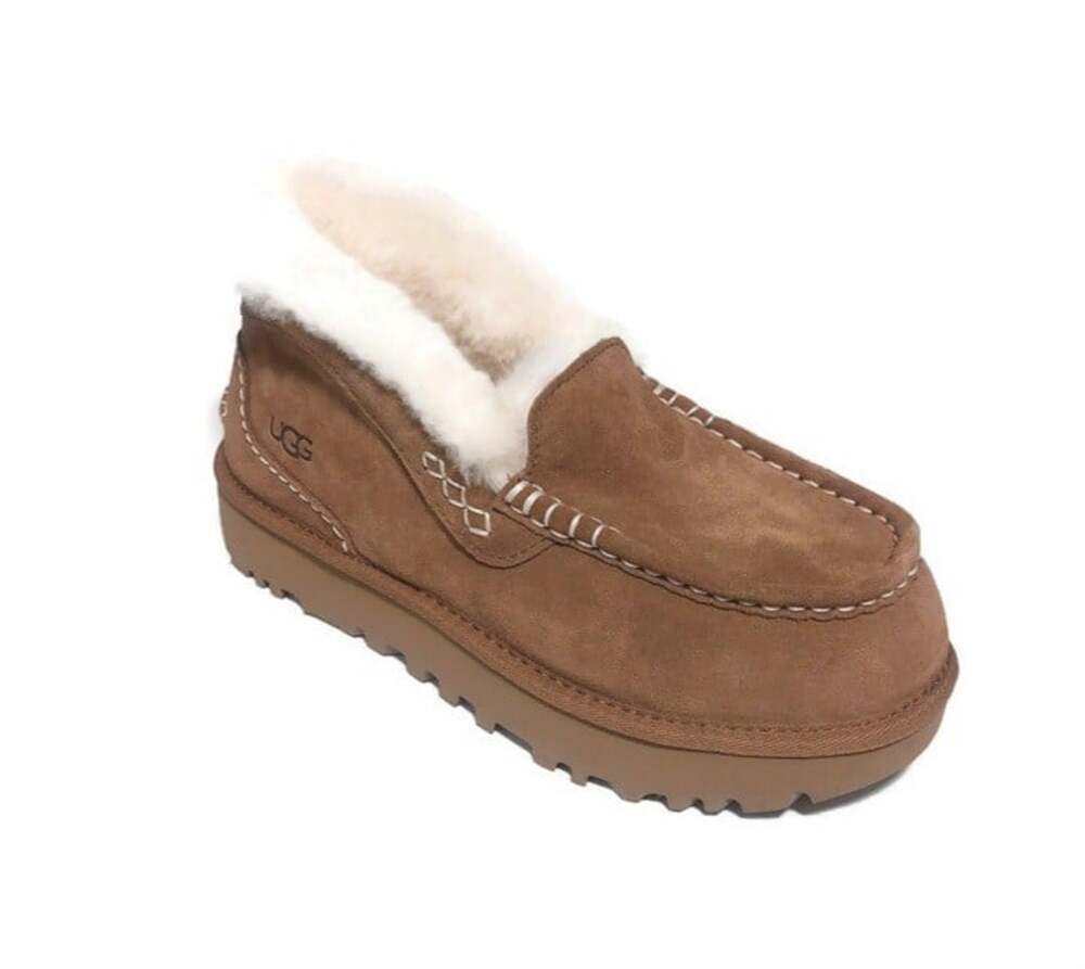 UGG Ansley Parc Womens Sz 9 Chestnut Suede Platform Moccasin Slippers Wool Lined